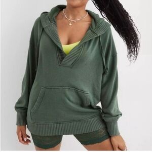 Aerie Down to Earth Henley in Deep Green Pullover Hoodie Size : Medium